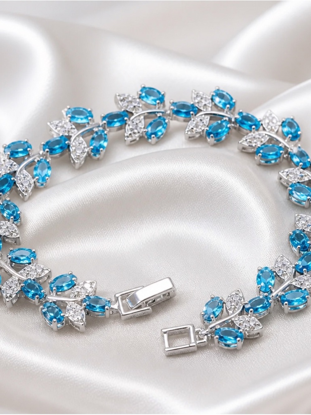 Sterling Silver Blue Crystal Leaf Link Bracelet with extender